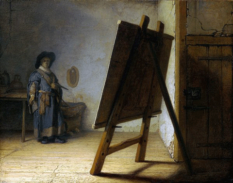 reproductie De schilder in zijn atelier van Rembrandt van Rijn